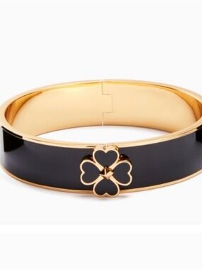 Kate Spade ♠️ Gold-Tone Black Enamel Clover Hinged Bangle Bracelet with Dustbag